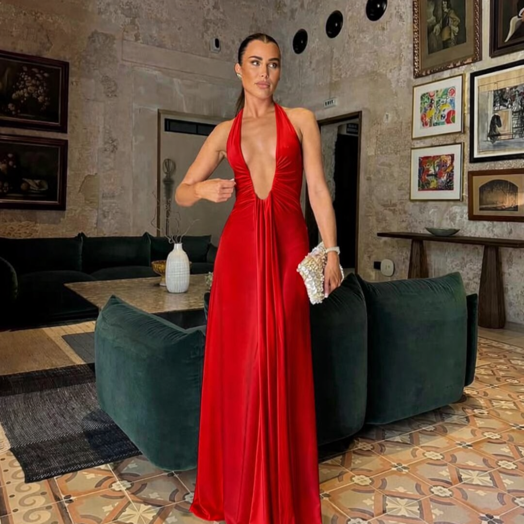 ✨ MISHA — Jennifer Cupro Maxi Dress in Cherry Red | Formal & Event Hire