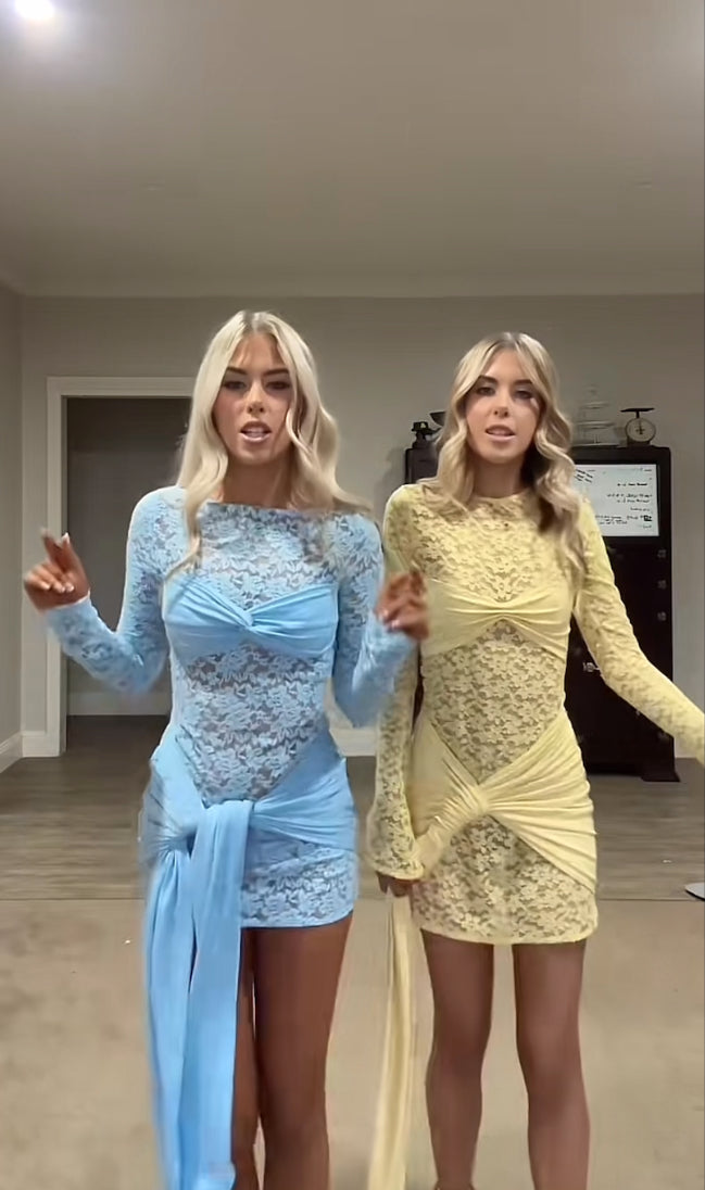 Blue Skies Long Sleeve Lace Mini Dress - Sky Blue