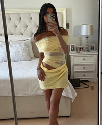 Butter Wouldn’t Melt, Mesh Off-Shoulder Maxi Dress - Yellow