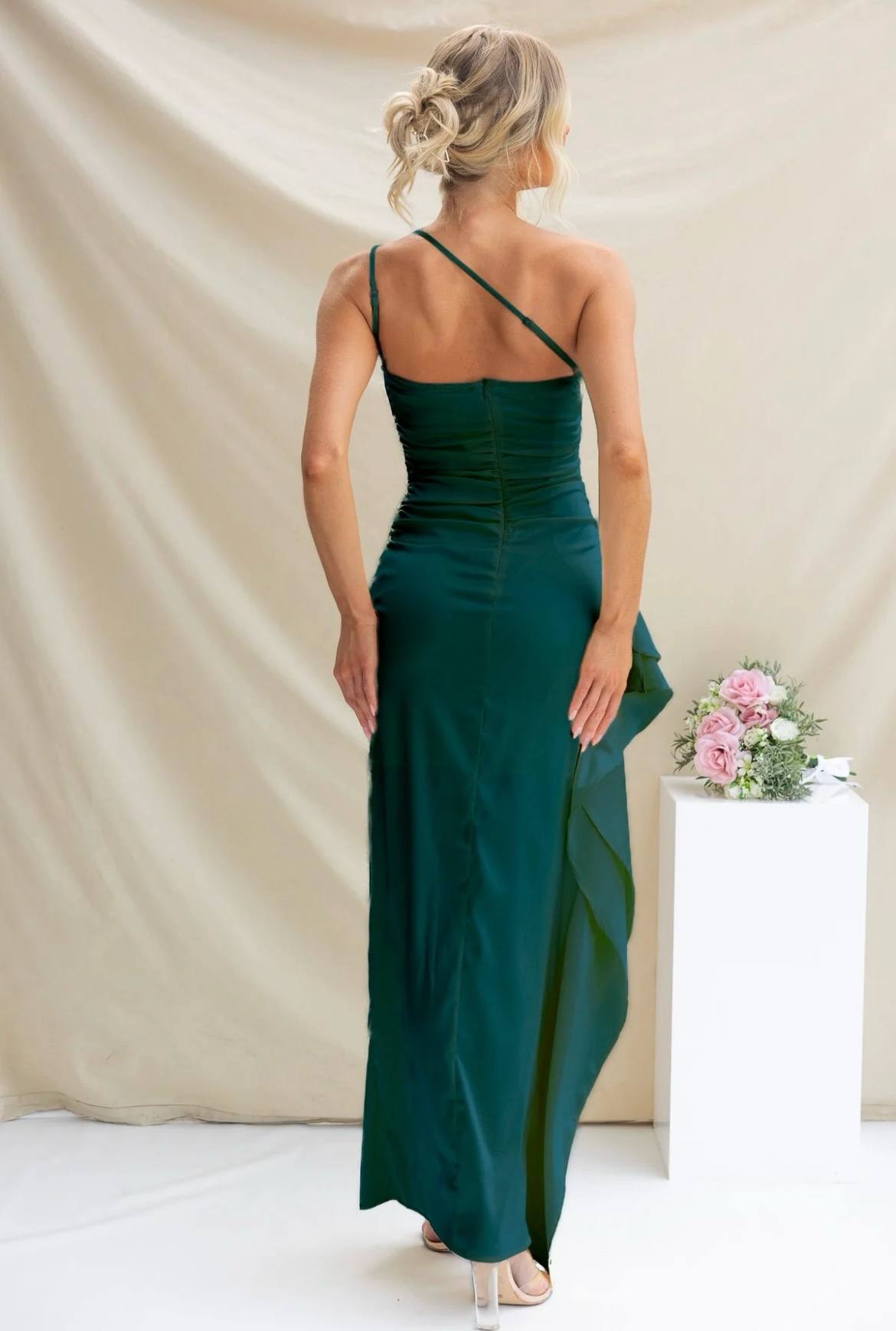 Sammy Satin One Shoulder Dress - Forrest Green