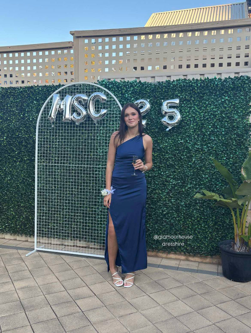 Sammy One Shoulder Satin Dress - Deep Blue